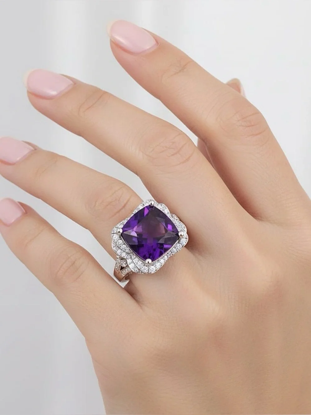 5.65 ctw Cushion-Cut AAA Amethyst ring w Moissanite halo